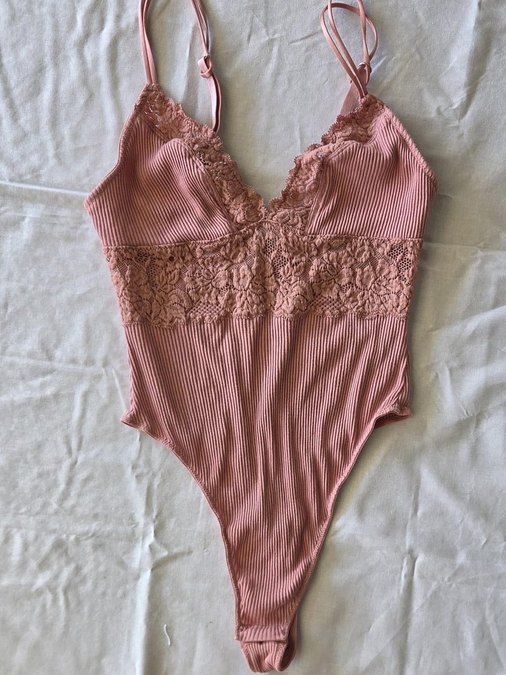 Ribbed Lace-Trim Bodysuit Dusty Rose Barbiecore Romantic Balletcore Layering Sm